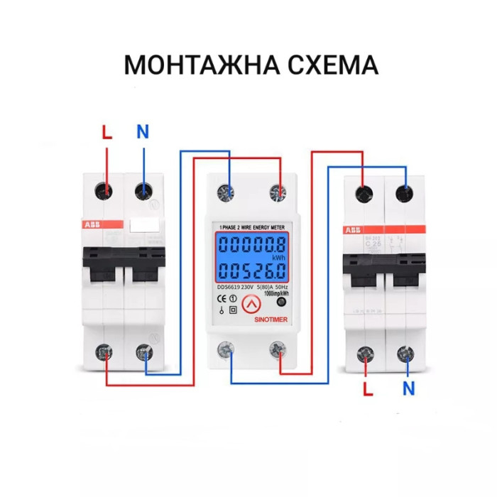 Лічильник електроенергії ватметр на DIN рейку з підсвіткою Energy Meter DDS6619-526L-2