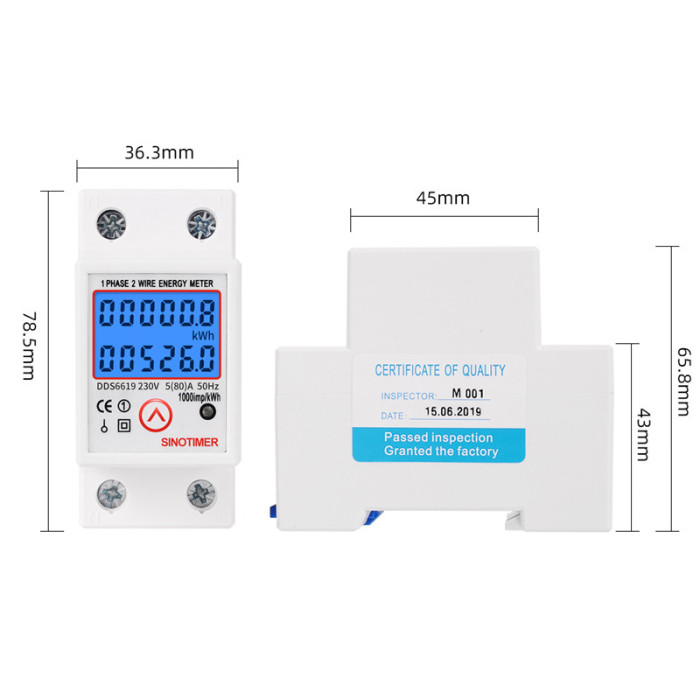 Лічильник електроенергії ватметр на DIN рейку з підсвіткою Energy Meter DDS6619-526L-2