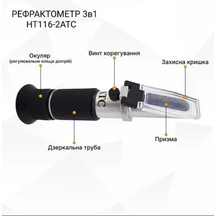 Рефрактометр 3в1 для меду HT116-2 ATC з калібрувальним розчином АТС-Мед